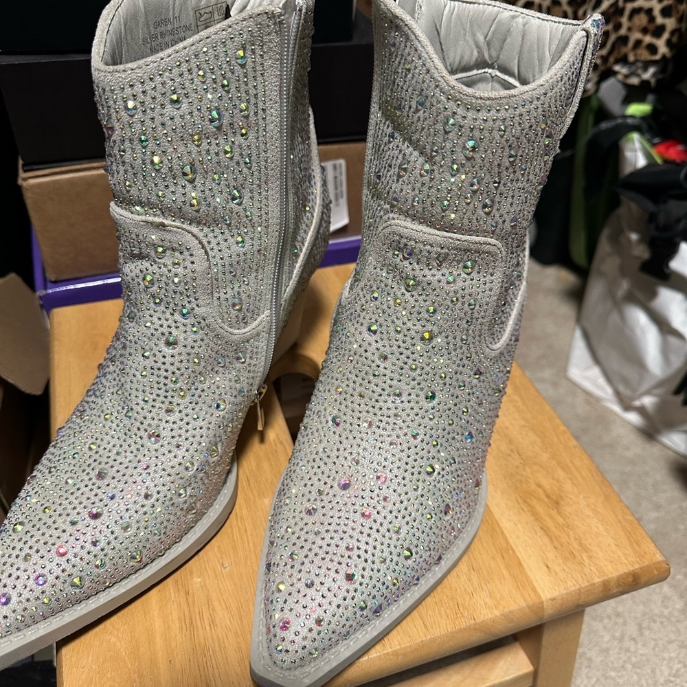 Silver Rhinestone Embellished Ankle Boots